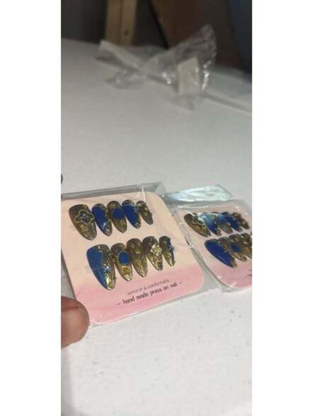 Handmade Blue and Gold Press-On Nails